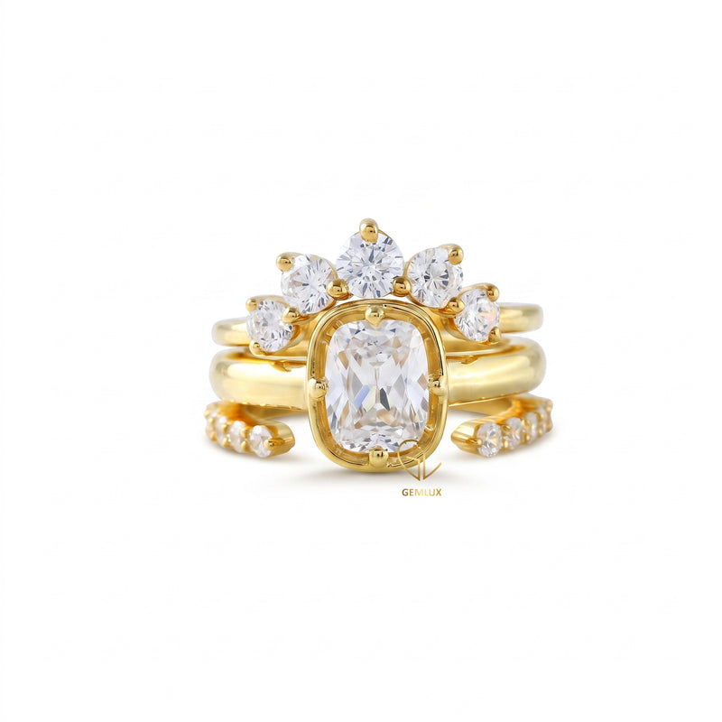 IGI Certified 2 Ct Elongated Cushion Lab Grown Crown Trio Ring Set