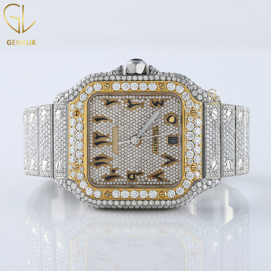 Square Arabic Dial Two Tone Yellow Gold Iced Out Lab Grown Watch