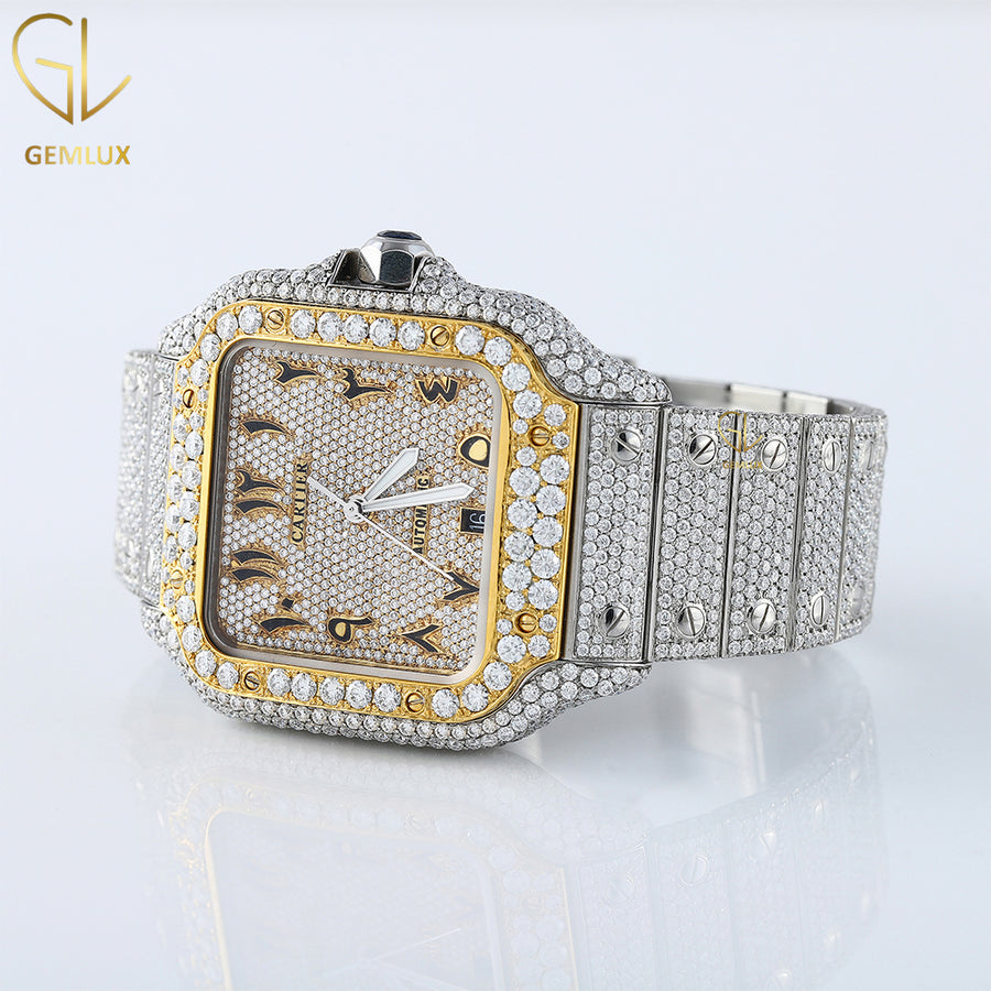 Square Arabic Dial Two Tone Yellow Gold Iced Out Lab Grown Watch