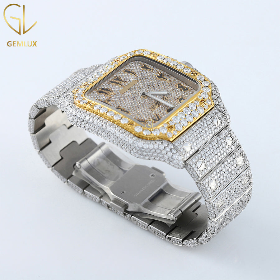 Square Arabic Dial Two Tone Yellow Gold Iced Out Lab Grown Watch