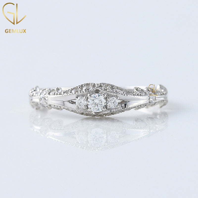 Art Deco Round Moissanite Three Stone Ring - Vintage Inspired