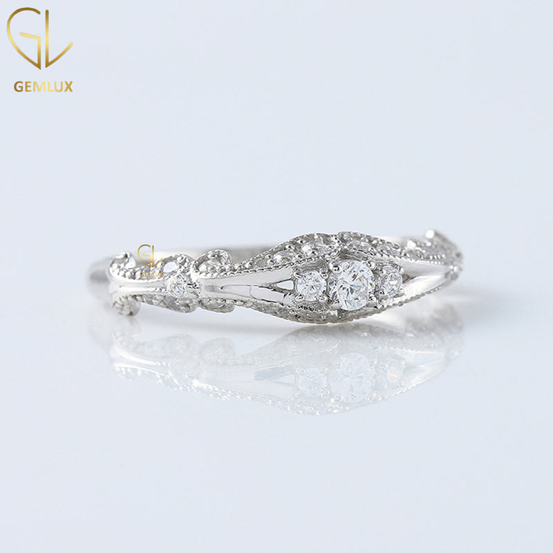 Art Deco Round Moissanite Three Stone Ring - Vintage Inspired