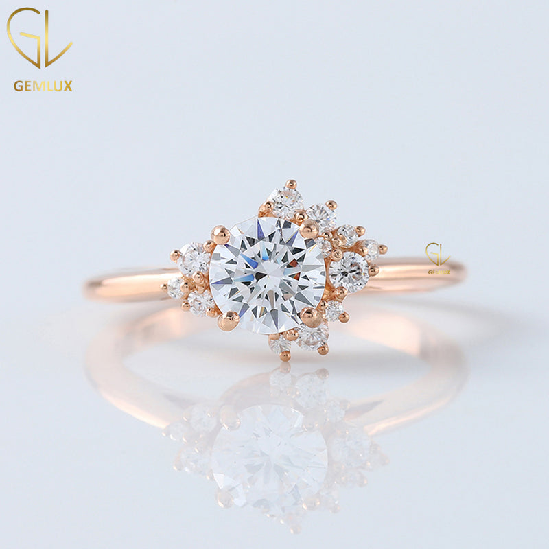 1 Carat Round Moissanite With Cluster Diamond Ring