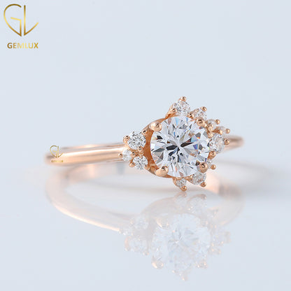 Scattered Diamond Halo Ring, 1.5CT Round Cut Moissanite Solitaire Engagement Ring, 14k Rose Gold Ring
