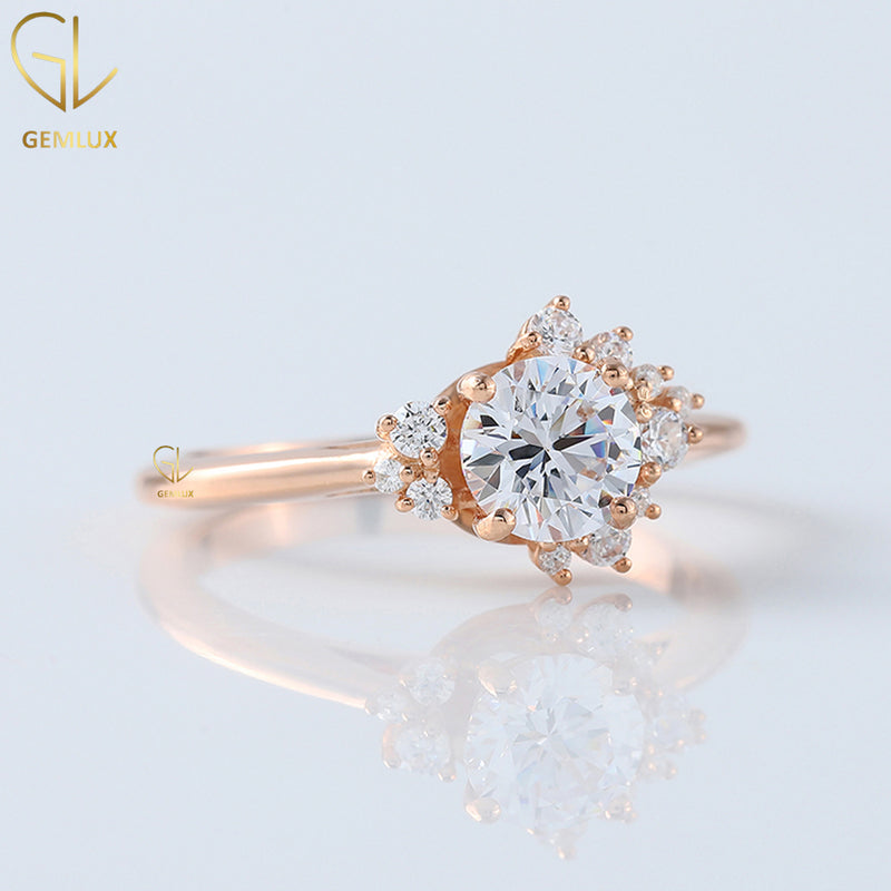 1 Carat Round Moissanite With Cluster Diamond Ring
