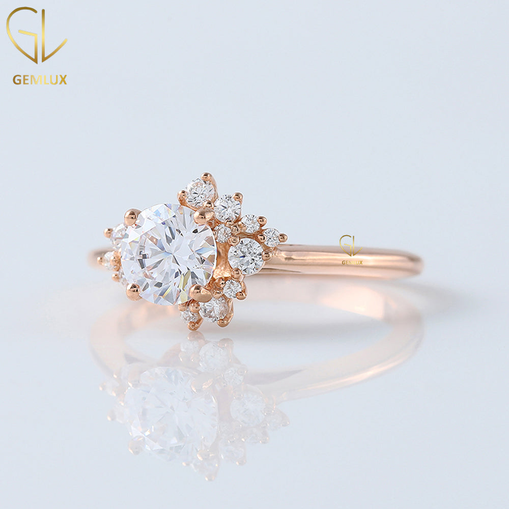 Scattered Diamond Halo Ring, 1.5CT Round Cut Moissanite Solitaire Engagement Ring, 14k Rose Gold Ring