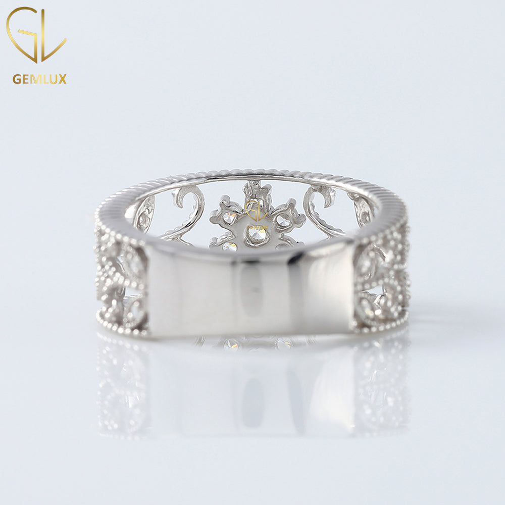 Art Deco Vintage Ring, Leaf Inspired Ring, Round Moissanite Engagement Ring, Milgrain Ring, 925 Silver Ring