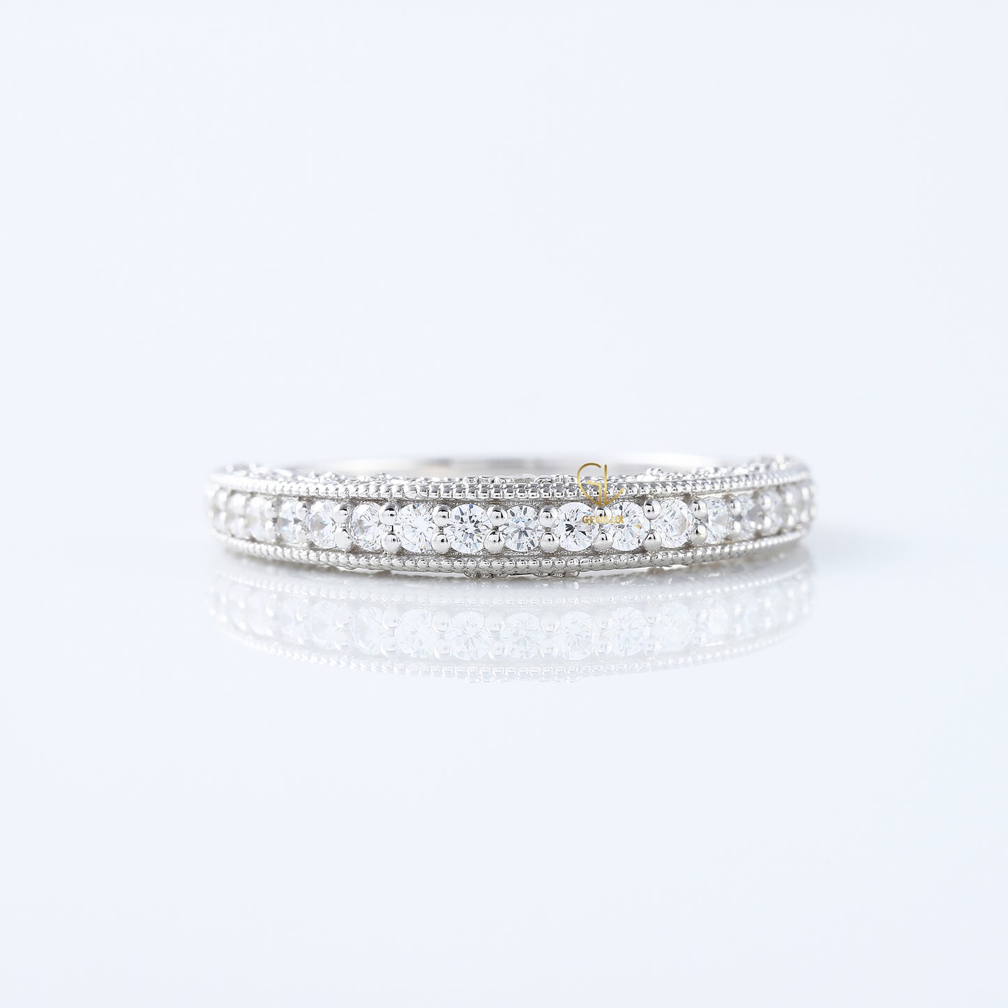 Art Deco Round Lab Grown Diamond Milgrain Wedding Band