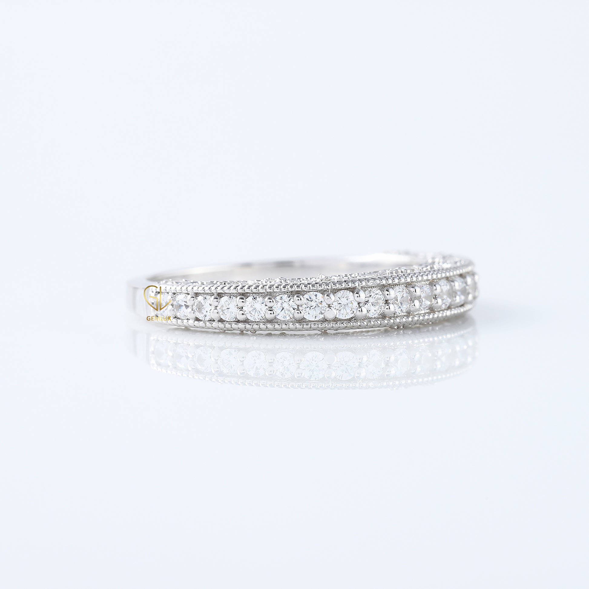 Art Deco Round Lab Grown Diamond Milgrain Wedding Band