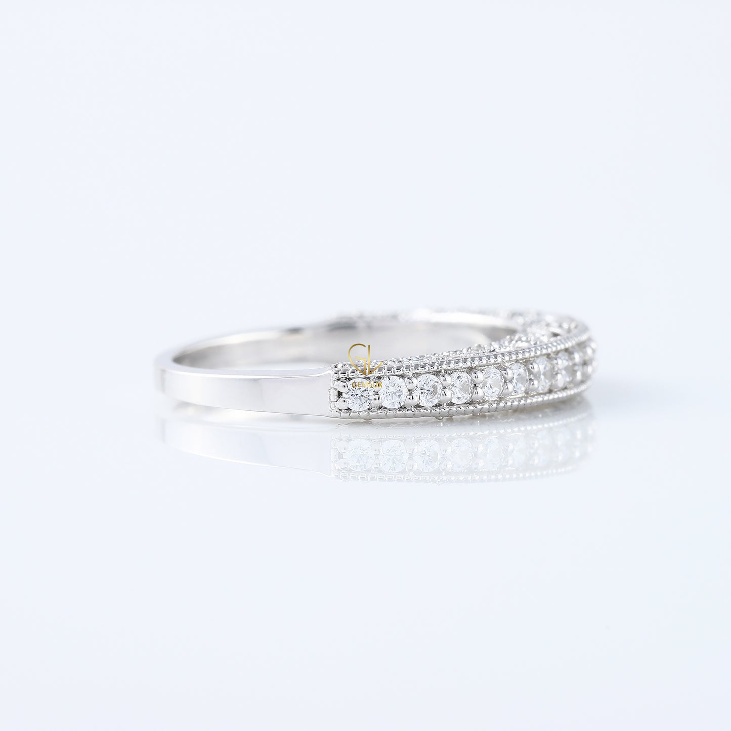 Art Deco Round Lab Grown Diamond Milgrain Wedding Band