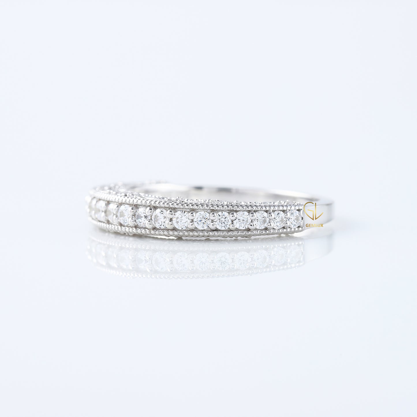 Art Deco Round Lab Grown Diamond Milgrain Wedding Band