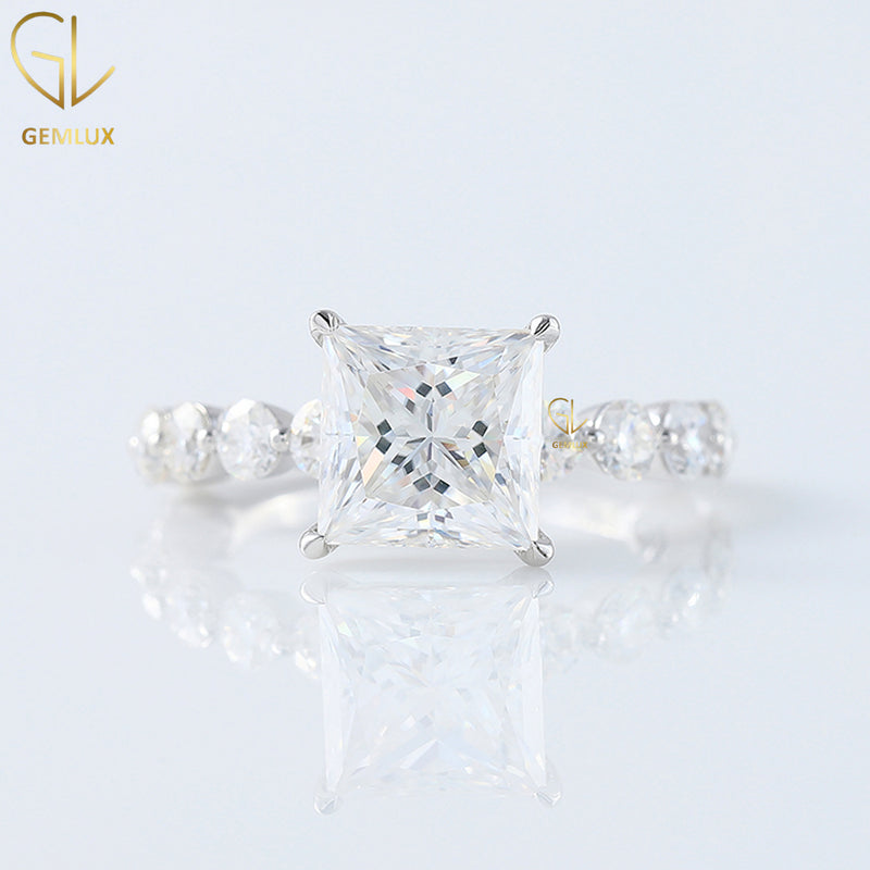 Princess Cut Moissanite Solitaire Ring with Floating Diamond Accents