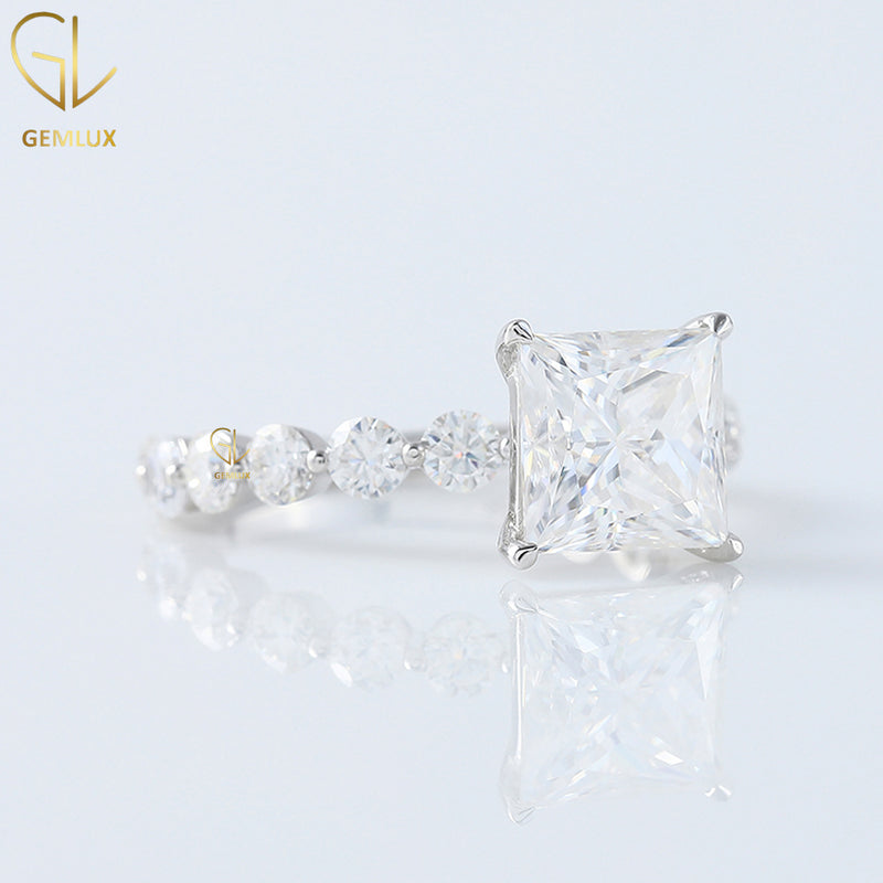 Princess Cut Moissanite Solitaire Ring with Floating Diamond Accents