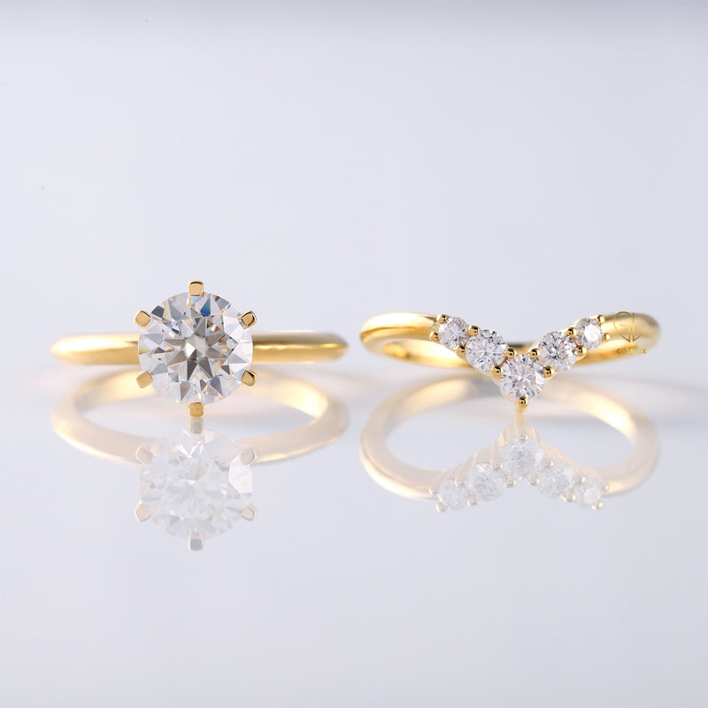 Certified Round Cut Lab Grown Diamond Solitaire Engagement Ring With Matching Curved Ring Set