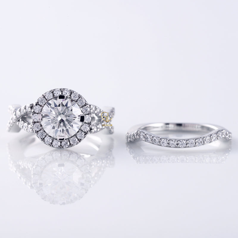 Round Cut Moissanite Twisted Ring With Curved Matching Bridal Ring Set