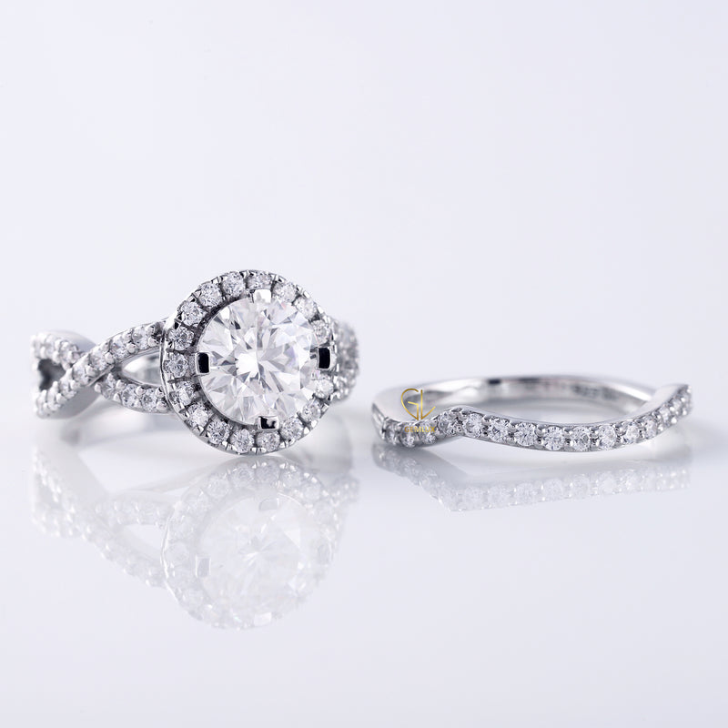 Round Cut Moissanite Twisted Ring With Curved Matching Bridal Ring Set