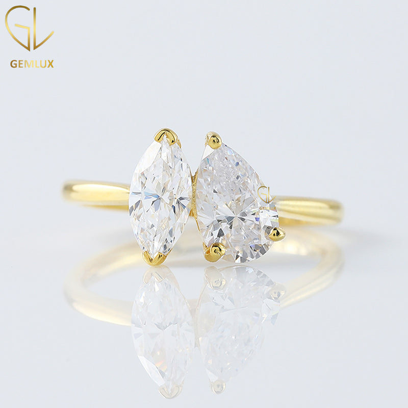 Marquise and Pear Cut Moissanite Two Stone Engagement Ring