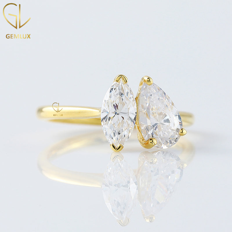 Marquise and Pear Cut Moissanite Two Stone Engagement Ring