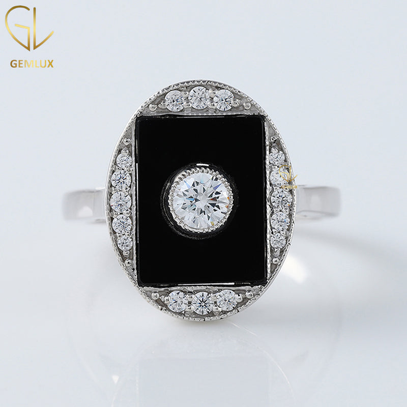 Art Deco Round Moissanite Bezel Set Black Onyx Ring