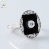 Black Onyx Art Deco Round Moissanite Bezel Set Engagement Ring