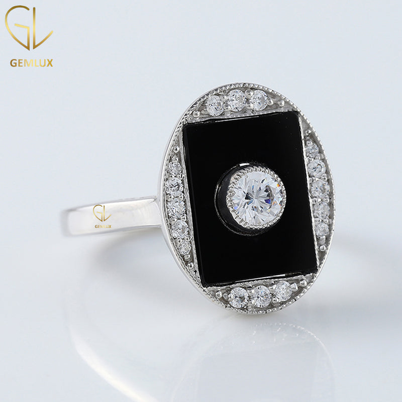 Art Deco Round Moissanite Bezel Set Black Onyx Ring