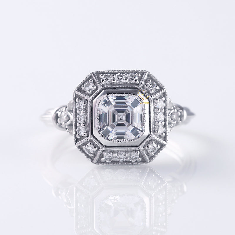 Art Deco Asscher Cut Moissanite Bezel Set Engagement Ring