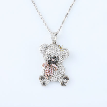 Cartoon Teddy Bear Bow Lab Grown Diamond Necklace Pendant