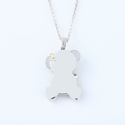 Cartoon Teddy Bear Bow Lab Grown Diamond Necklace Pendant