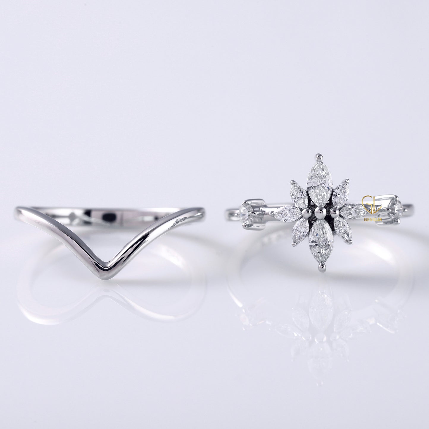 Bridal Ring Set, Marquise Cut Moissanite Ring With Curved Solitaire Matching Band