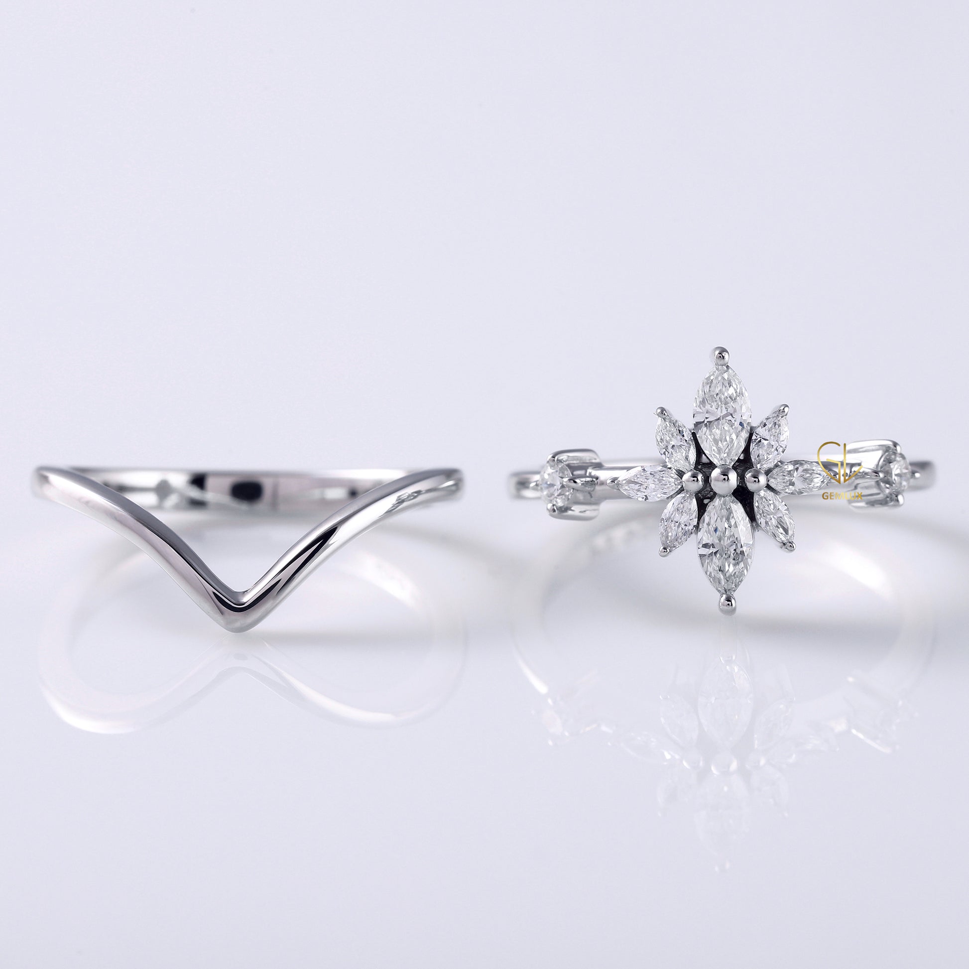 Bridal Ring Set, Marquise Cut Moissanite Ring With Curved Solitaire Matching Band