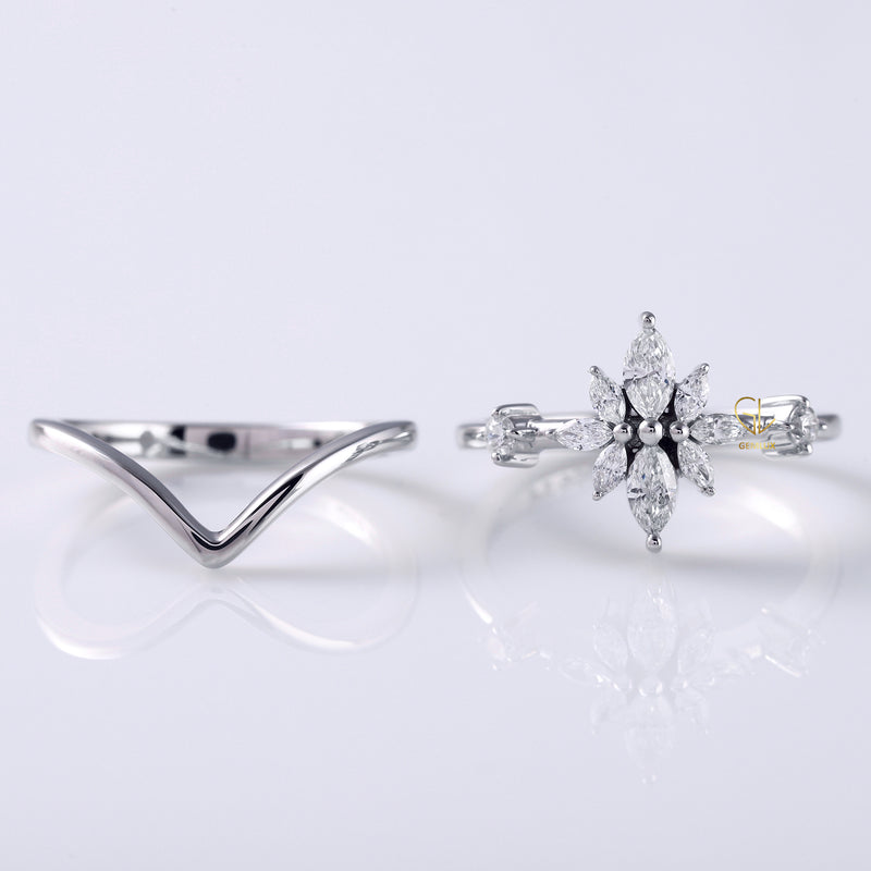 Marquise Cut Moissanite Diamond Ring With Curved Solitaire Matching Band Ring Set