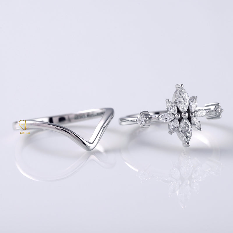 Marquise Cut Moissanite Diamond Ring With Curved Solitaire Matching Band Ring Set