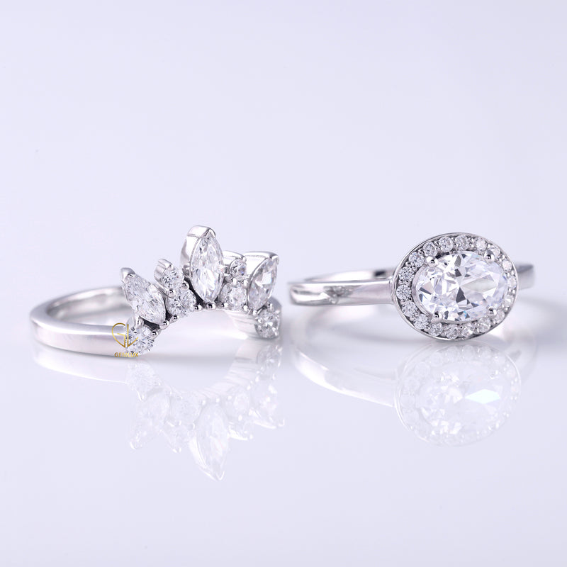 East To West Oval Moissanite Ring With Curved Matching Bridal Ring Set