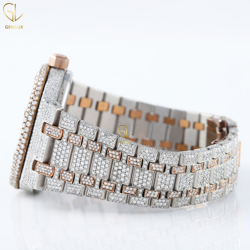 Two Tone Rose Gold Skeleton Dial Iced Out Lab Grown Diamond Watch