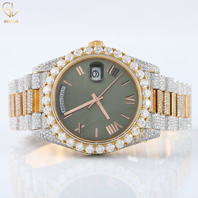 Day Date Roman Green Dial Iced Out Lab Grown Diamond Watch