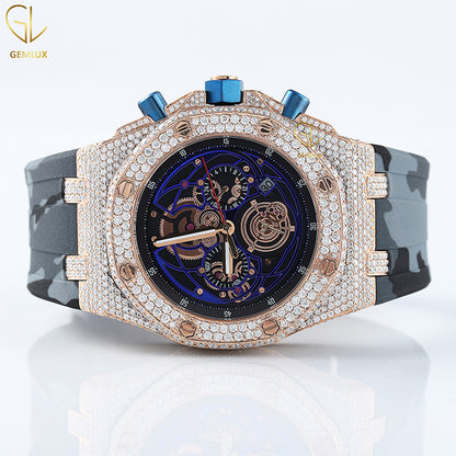 Grey Camouflage Rubber Belt Iced Out Bezel Moissanite Watch