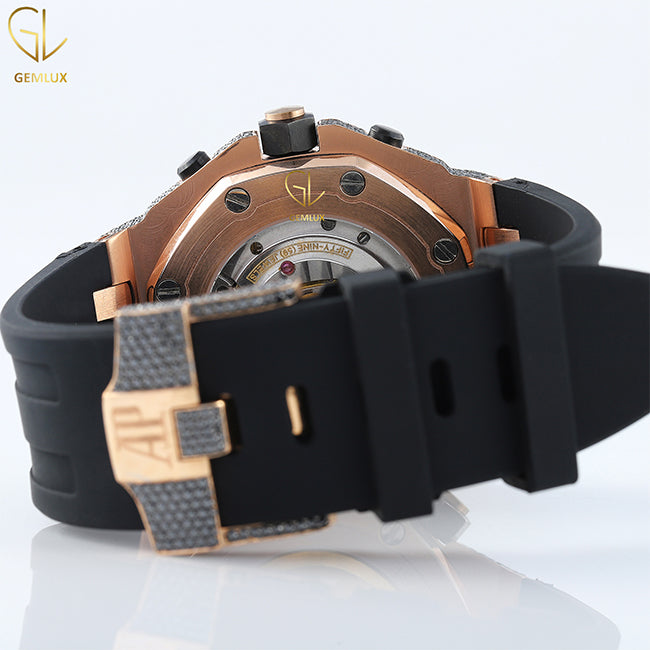 Chronograph Bezel Black Rubber Belt Black & White Moissanite Hip Hop Watch
