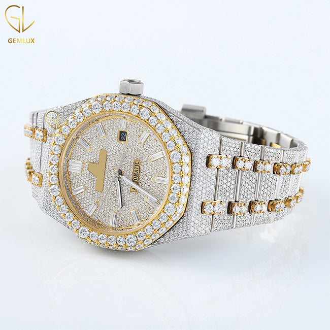 Two Tone Yellow Gold Iced Out D VVS Moissanite Diamond Watch