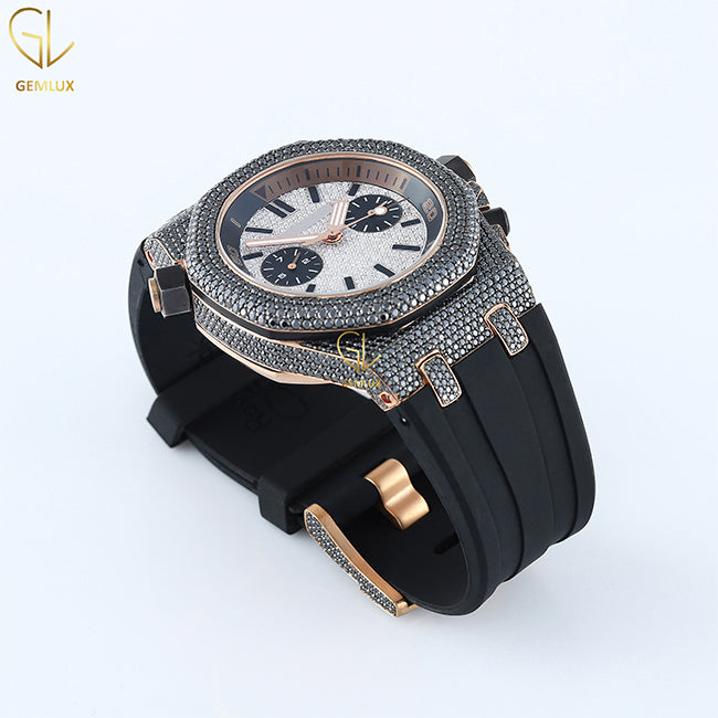 Chronograph Bezel Black Rubber Belt Black & White Moissanite Hip Hop Watch