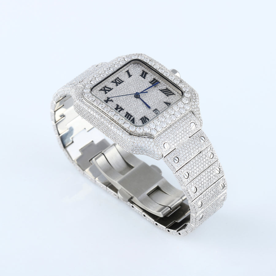 Square Roman Dial Full White Iced Out Lab Grown Diamond Watch