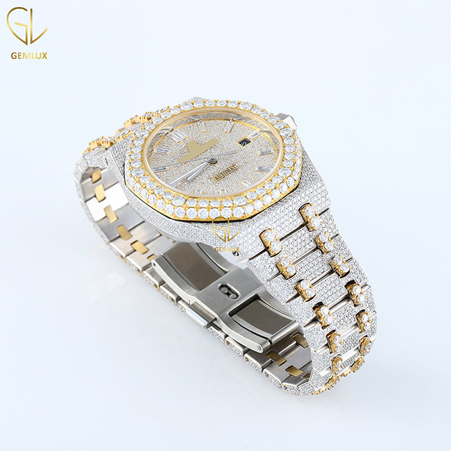Two Tone Yellow Gold Iced Out D VVS Moissanite Diamond Watch