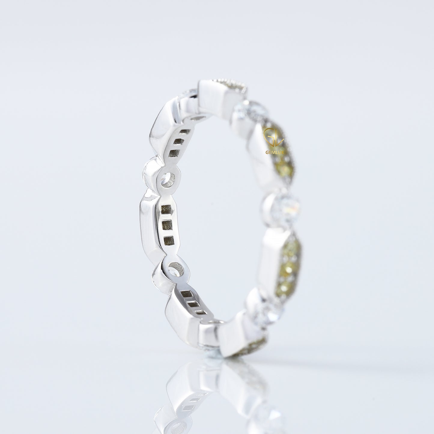 Art Deco Fancy Yellow Color Lab Grown Diamond Scalloped Eternity Wedding Band