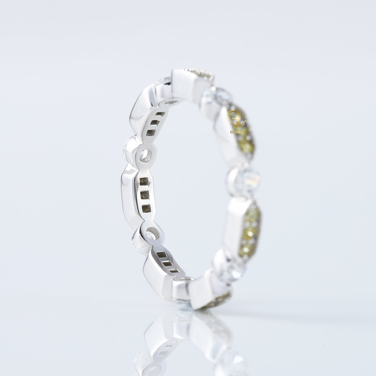 Art Deco Fancy Yellow Color Lab Grown Diamond Scalloped Eternity Wedding Band