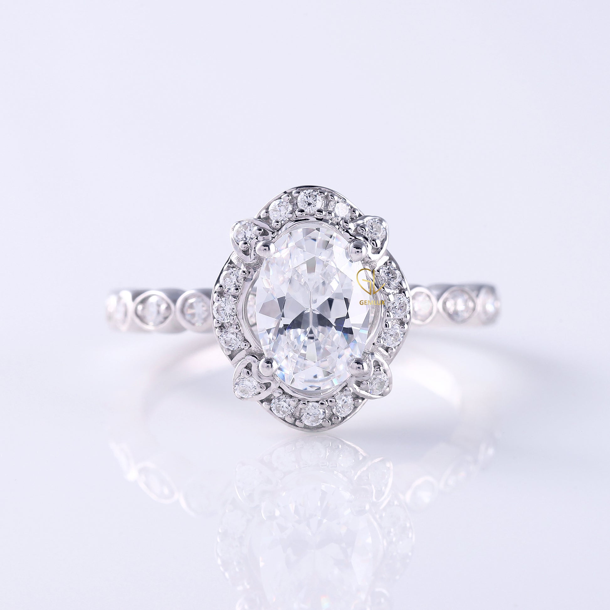 Art Deco Oval Cut Moissanite Diamond Halo Engagement Ring