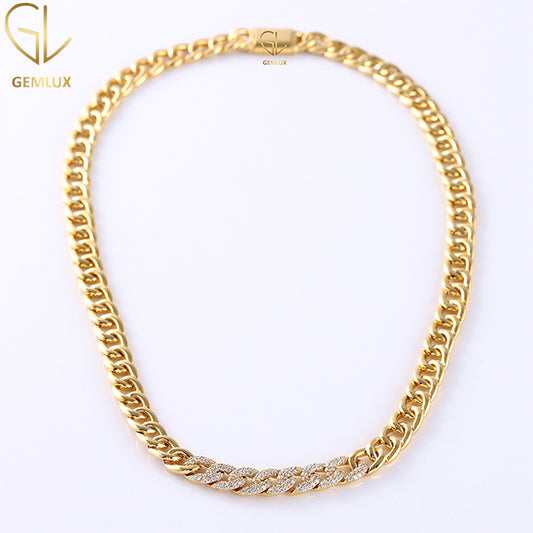 14K Gold Moissanite Diamond Semi Hollow Curb Chain Necklace