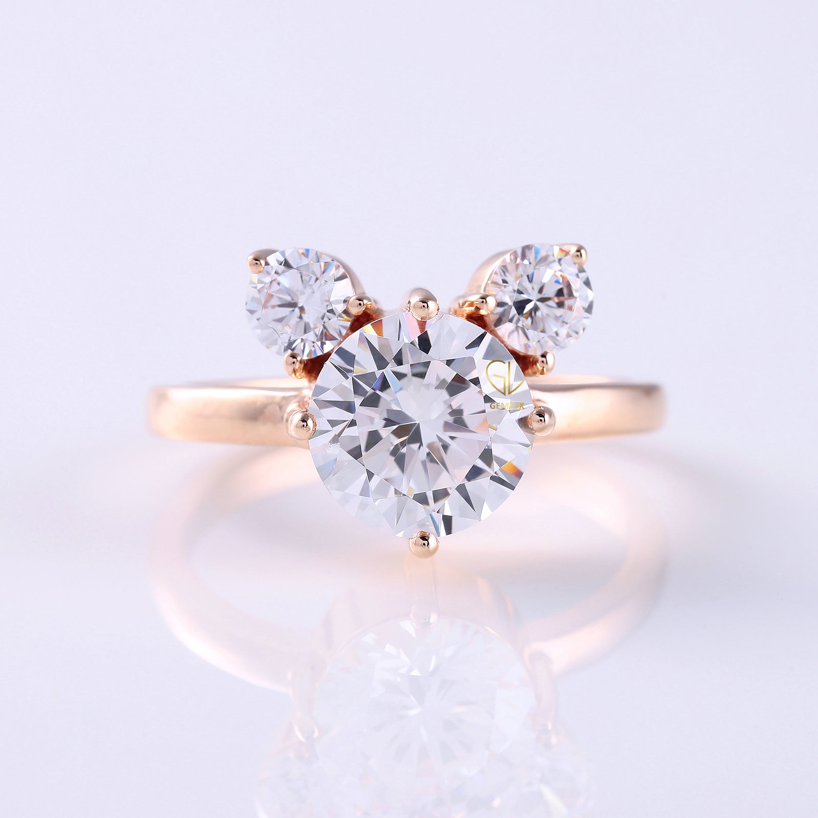 Round-cut three-stone Mickey Mouse inspired lab-grown diamond engagement ring, 10k yellow gold, Gemlux Engagement Collection