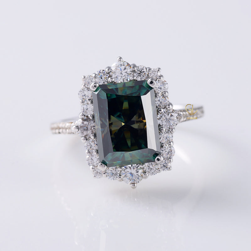 Green Emerald Cut Moissanite Halo Vintage Ring