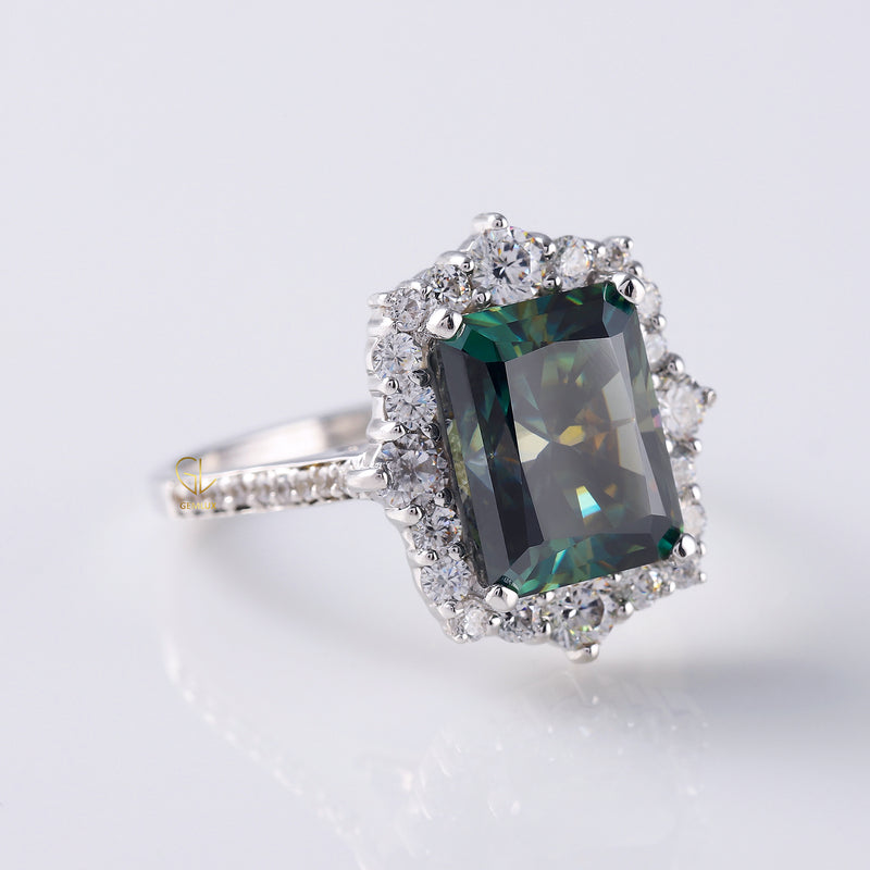 Green Emerald Cut Moissanite Halo Vintage Ring