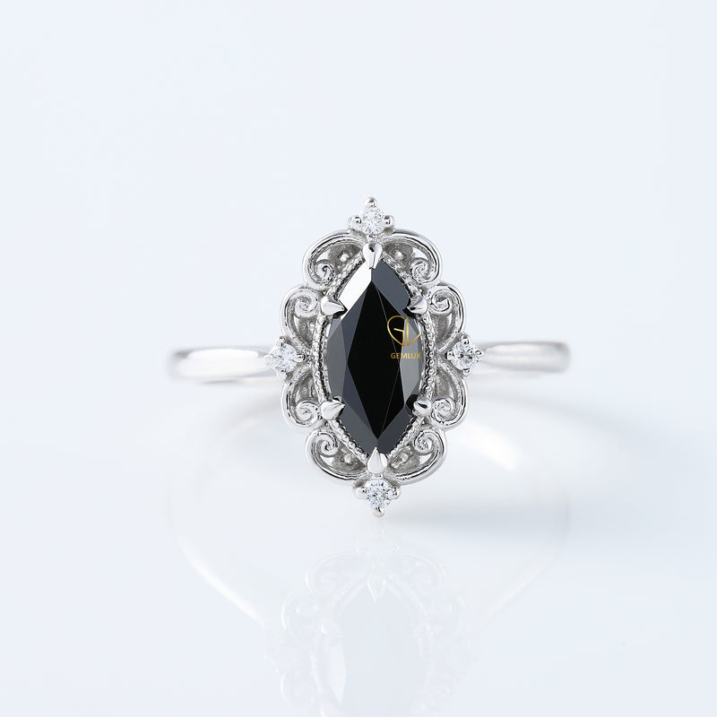 Black Marquise Cut Moissanite Vintage Engagement Ring