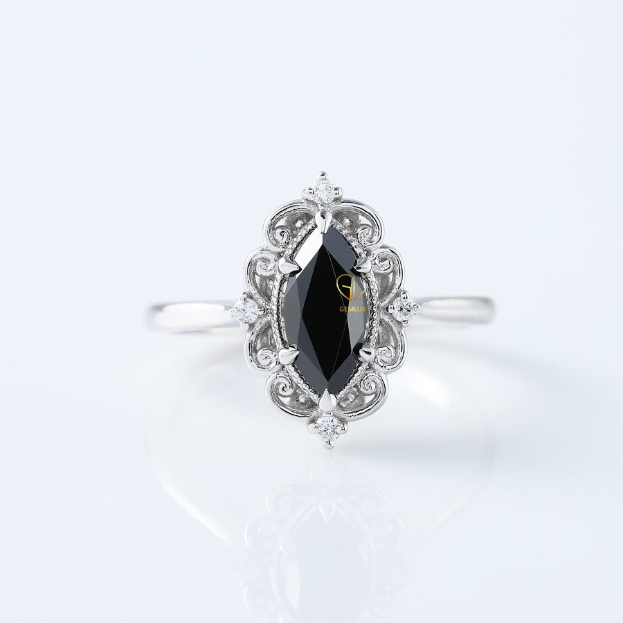 Black Marquise Cut Moissanite Vintage Engagement Ring